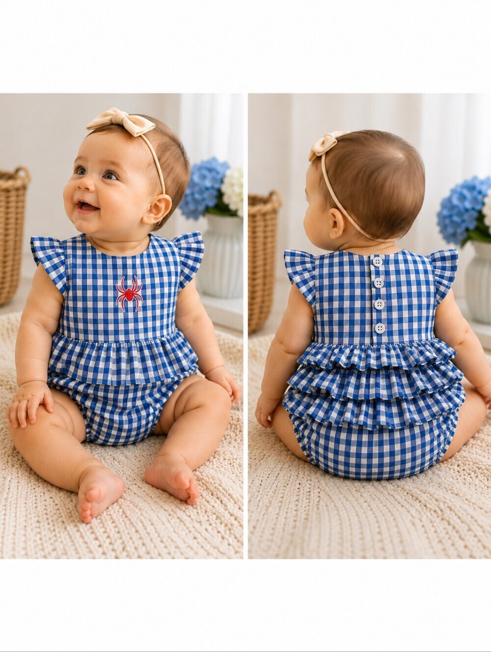 Garb Team "Gigi" Blue White Gingham Bodysuit Ruffled 100% Cotton - 6M